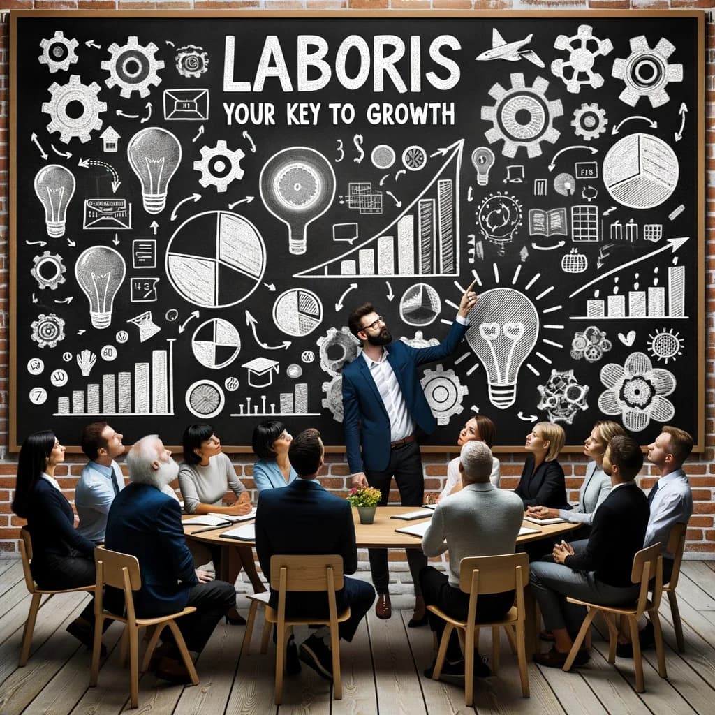 Laboris — your key to growth: a workshop in front of a chalkboard of ideas, gears, and growth charts